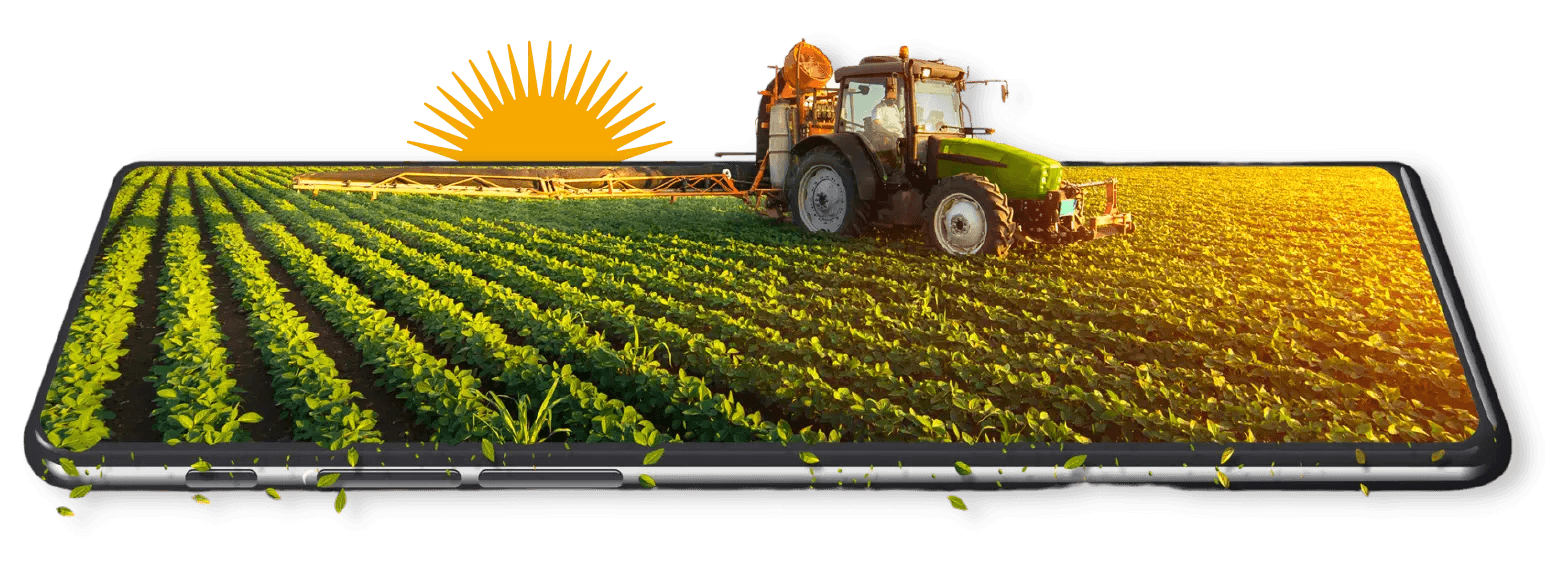 Tablet exibindo lavoura com trator